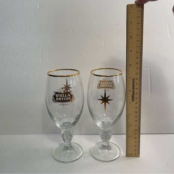 Stella Artois Belgium Beer Glasses Chalice 40CL Set of 2 Gold Rim - Picture 3 of 15